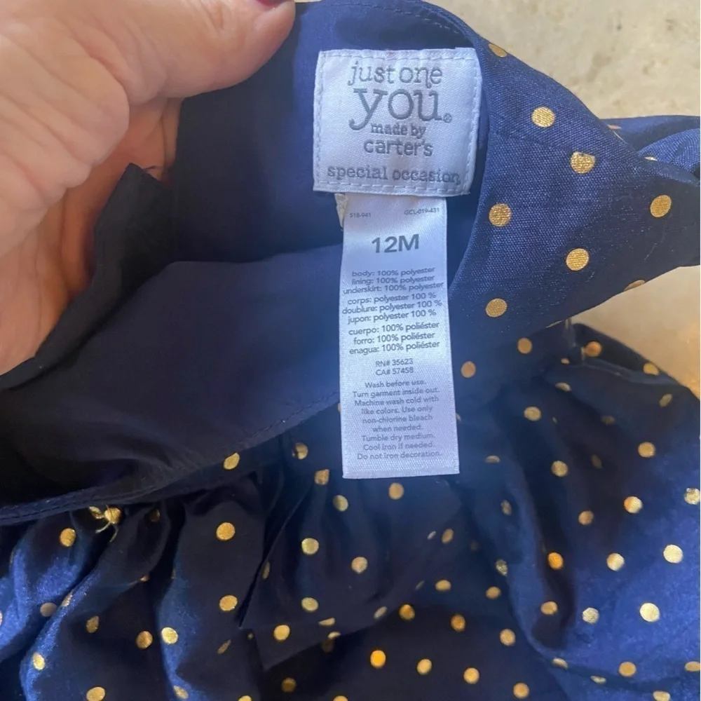 Just One You by Carter's Navy Blue w Gold Polka Dots Party Dress Girl Size 12M